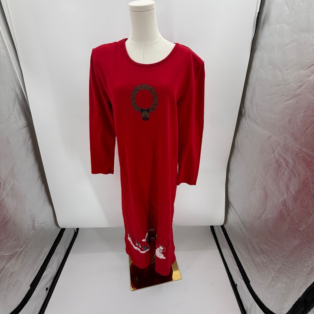 Vintage Eileen West Women's Small Red Christmas Cotton Nightgown Made USA Wreath
